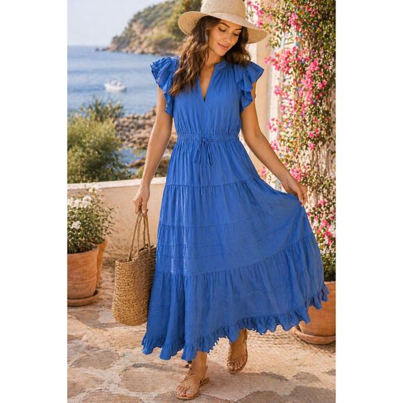 Pinch Dresses & Skirts - Pinch Blue Tiered Maxi Dress Women Large Cotton Ruffle Sleeve Boho Cottagecore